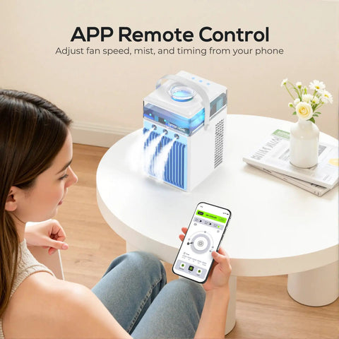 4 In 1 Portable Evaporative Air Cooler With App Control on table, showing app interface on phone nearby