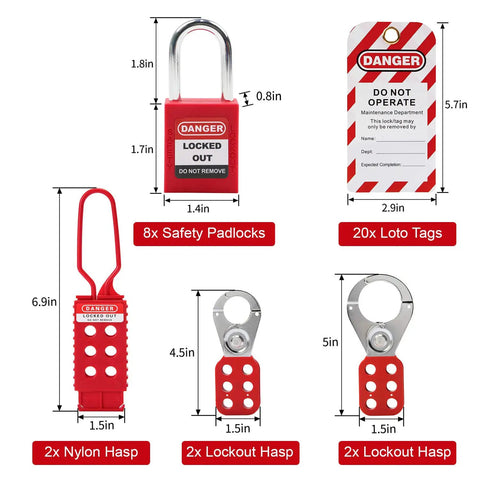 Lockout Tagout Kit With Top Notch Heavy Duty Padlocks Hasps Breakers And Valve LOTO Tools Cable And Plug LOTO 47 Component Toolbox Set for Electric Safety Maintenance showing padlocks, LOTO tags, and hasps.