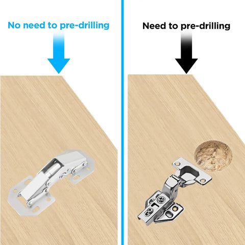 Comparison of 4 Inch Surface Mount Hidden Hinges For Cabinets And Bookshelves, 90 Degree Concealed Hinges, no pre-drilling needed on left.