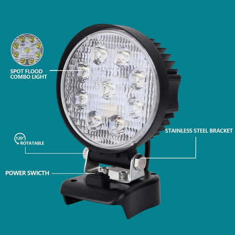 Cordless LED Work Light for Makita 18V Max Battery 27W 2400LM Wide Beam Flood Light shown with stainless steel bracket and power switch.