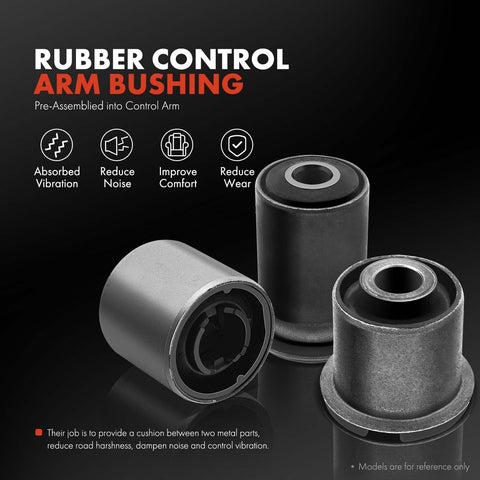 Rubber control arm bushings for Beefed Up Set Of Four Front Upper And Lower Control Arm Kit with benefits shown