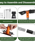 Long Handle 60 Inch 3 In 1 Weed Removal Tool Set assembly instructions with hoe, rake, grabber, and adjustable handle.