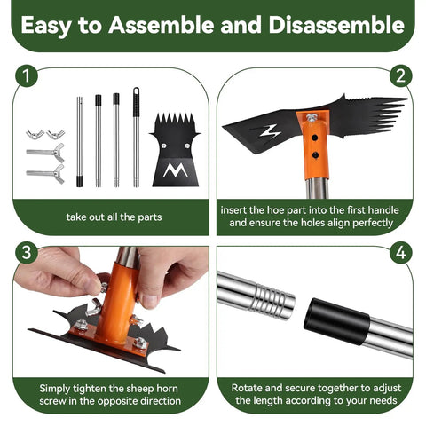 Long Handle 60 Inch 3 In 1 Weed Removal Tool Set assembly instructions with hoe, rake, grabber, and adjustable handle.