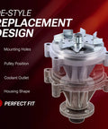 Tough As Nails Heavy Duty Electric Engine Coolant Water Pump direct bolt on replacement showing design details and fit for Ford F 150 2011-2016.