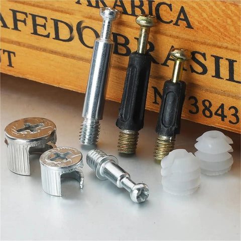 Heavy Duty 3 In 1 Cam Lock Fitting Kit With Thickened Steel Cam Screws And Eccentric Nuts showing metal screws and nuts for furniture assembly.