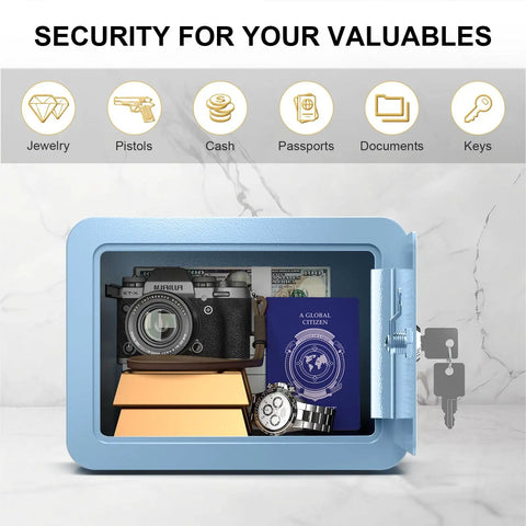 Kid Safe Mini Safe Box With Key Lock, Steel Money Box Safe For Cash And Valuables in blue, open with items inside, 6.69 x 9.06 x 6.69 inches.