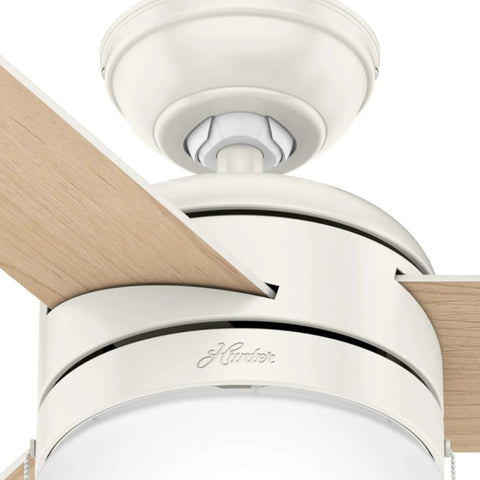 Close-up of Acumen 42 Inch Indoor Ceiling Fan With Reversible Motor Fresh White Finish Two Position Mounting Quiet Energy Efficient
