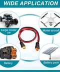 XT60 Extension Cable 10AWG 2Ft Female To Male Beefy Power Lead for RC cars, drones, solar panels, FPV setups displayed with applications