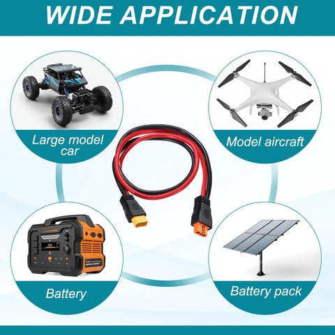 XT60 Extension Cable 10AWG 2Ft Female To Male Beefy Power Lead for RC cars, drones, solar panels, FPV setups displayed with applications