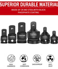 Pro Grade Eight Piece Impact Socket Adapter And Reducer Set With Heavy Duty Steel Build, showing diverse sizes and black phosphate finish.