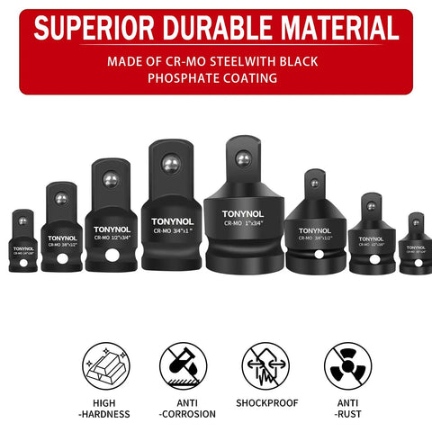 Pro Grade Eight Piece Impact Socket Adapter And Reducer Set With Heavy Duty Steel Build, showing diverse sizes and black phosphate finish.
