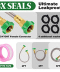 2-Foot Female To Female Garden Hose Connector With Metal Reel Adapter and accessories, shown with washers and PTFE tape