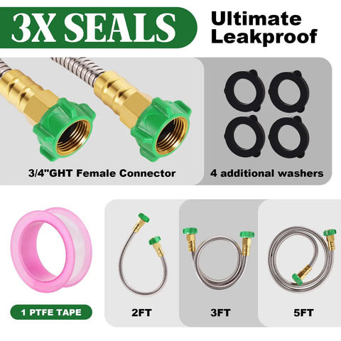 2-Foot Female To Female Garden Hose Connector With Metal Reel Adapter and accessories, shown with washers and PTFE tape