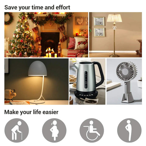 Collage showing Remote Control Outlet Set usage in home with lamps, holiday lighting, kettle, and fan, enhancing convenience and efficiency.