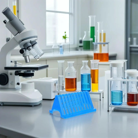 Cool Homoyoyo Lab Slide Drying Rack Pack beside glass beakers and a microscope in a lab setting.