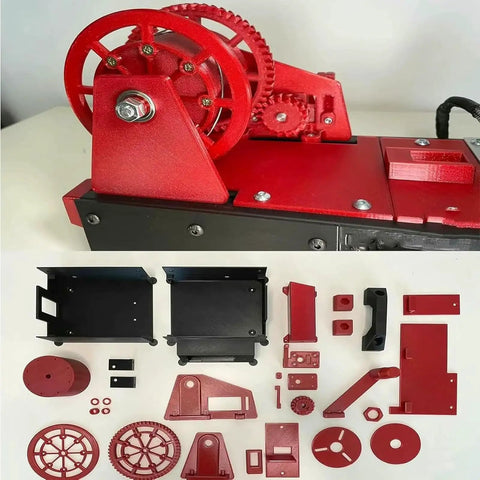 Desktop 3D Printer Filament Maker That Recycles PET Bottles Into Smooth Cord, Featuring intricate mechanical components in red.