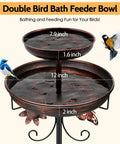 Vintage Outdoor Bird Bath and Feeder Stand 42 Inch Freestanding Bronze Bird Bath with Dual Bowls shown with birds on bowls.