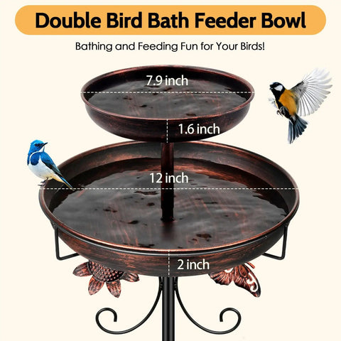 Vintage Outdoor Bird Bath and Feeder Stand 42 Inch Freestanding Bronze Bird Bath with Dual Bowls shown with birds on bowls.