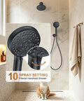 FAROLAN Shower Faucet Set,Wall Mounted Rain Shower System with 12"&6" Heads features a black handheld shower with 10 spray settings.