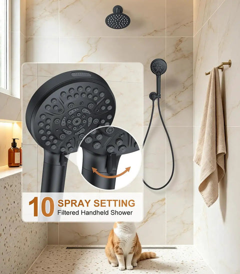 FAROLAN Shower Faucet Set,Wall Mounted Rain Shower System with 12"&6" Heads features a black handheld shower with 10 spray settings.