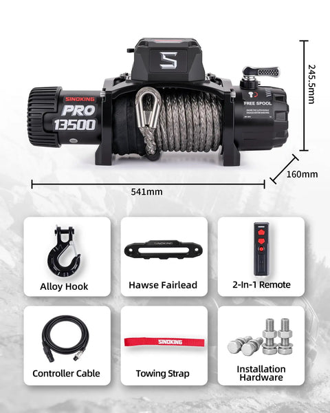 Pro Series 13500 Lb 12V Electric Winch With Synthetic Rope, 2 In 1 Wired And Wireless Remote, IP67 Waterproof, 7 HP Motor, Heavy Duty Recovery For Jeep SUV Truck And Trailer. with 541mm dimensions and included hook, fairlead, cable