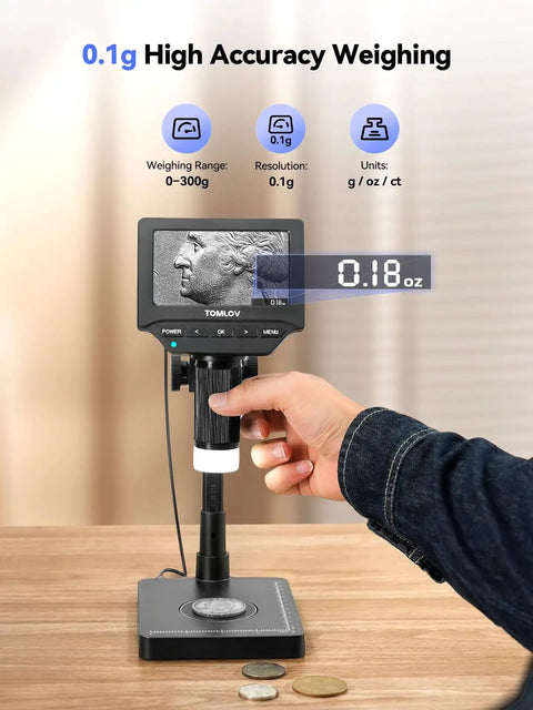 4.3 Inch Digital Coin Microscope With Built In Scale And Illuminated Magnifier Weigh Coins In Grams Ounces Carats Ideal For Collectors Jewelers Students Windows Mac Compatible in use showing measurement in ounces