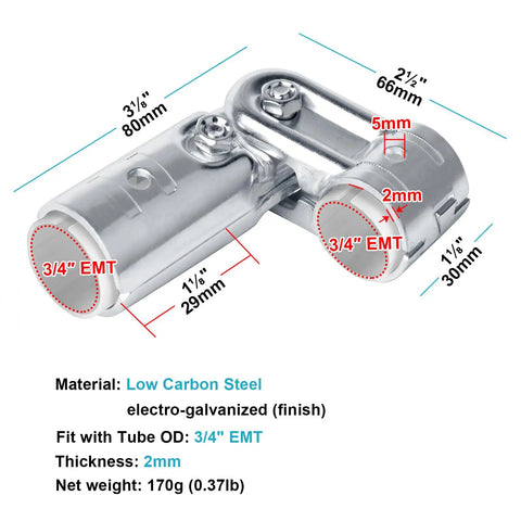 Pivot Tee Pipe Fittings Connector T Adjustable Clamp For 3/4 Inch EMT Conduit With PE Adapter Shims 10 Sets Includes Bolts Nuts Carbon Steel Electrogalvanized Heavy Duty Must Have Electrical Conduit Mounting Kit, showing front view with dimensions.