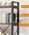 5 Tier Rustic Solid Wood Bookshelf With Industrial Metal Frame showing solid wood, metal strip, and thickened metal.