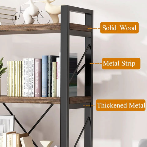 5 Tier Rustic Solid Wood Bookshelf With Industrial Metal Frame showing solid wood, metal strip, and thickened metal.