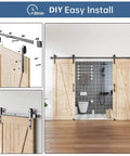 10 Foot Double Door Sliding Barn Door Hardware Track Kit With Handle Industrial Spoke Wheel Wall Mount Quiet Glide Easy Install Black Finish 108 Inch Track Fits 50 To 52 Inch Opening installed in bathroom
