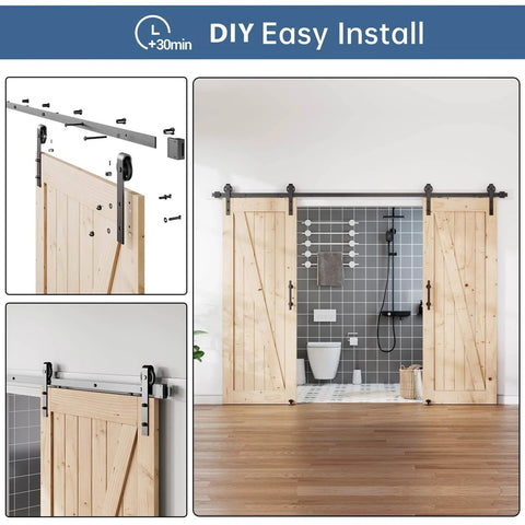 10 Foot Double Door Sliding Barn Door Hardware Track Kit With Handle Industrial Spoke Wheel Wall Mount Quiet Glide Easy Install Black Finish 108 Inch Track Fits 50 To 52 Inch Opening installed in bathroom