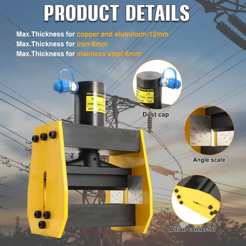 Heavy Duty 20T Hydraulic Busbar Bender For Copper And Aluminum. Shows max thickness details for copper, aluminum, and iron.