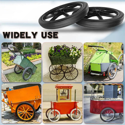 Flat Free 20 By 2.125 Inch Replacement Tire for Wheelbarrow Carts and Big Wheel Utility Carts, shown in various uses