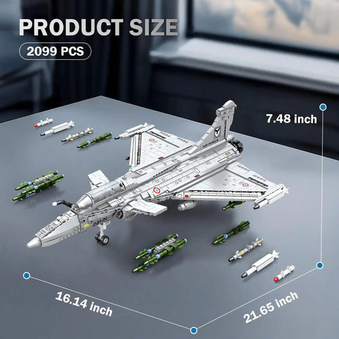 Model of Rafale Inspired Fighter Jet Building Set For Adults And Teens 14 And Up, 2099-Piece 1:18 Scale with missiles, dimensions shown