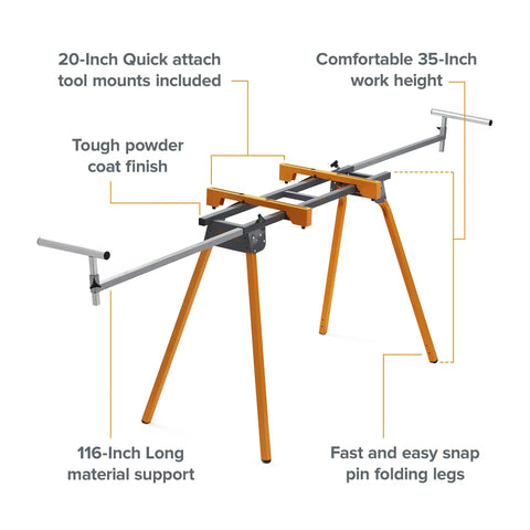 Universal Miter Saw Stand With Quick Release Tool Mounting System Built Tough Portable Stand Supports Up To 500 Lbs 34 Inch Height With Outriggers Extending To 114 Inches Fits 12 Inch Saws PM4000