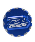 Top view of blue Suzuki GSX R Engine Oil Filler Cap Screw Replacement For GSX R 600 750 1000 2002 2020 CNC 6061 Aluminum