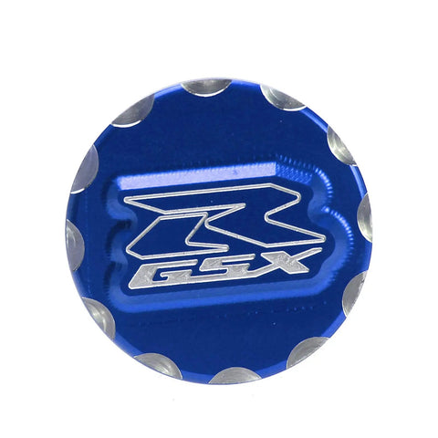 Top view of blue Suzuki GSX R Engine Oil Filler Cap Screw Replacement For GSX R 600 750 1000 2002 2020 CNC 6061 Aluminum