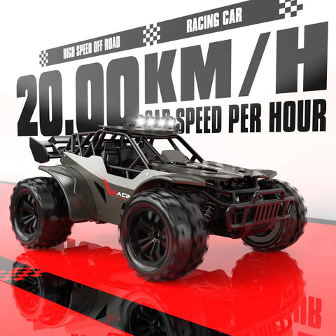 Monster RC Truck With 2.4 GHz Remote Control, Metal Shell, Top Speed 20 KmH, LED Headlights displayed on red surface