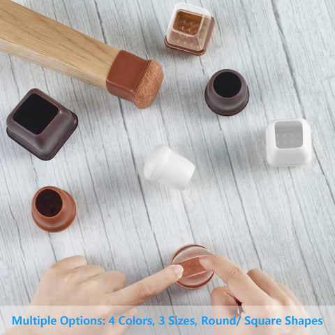 16 Pack Chair Leg Floor Protectors With 360 Degree Felt Wrapped Silicone Caps for round and square furniture sliders in various colors.