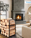 Heavy Duty Firewood Log Cart Carrier With Pneumatic Rubber Wheels, 250 Lb Load Capacity in a living room with fireplace.