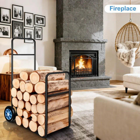 Heavy Duty Firewood Log Cart Carrier With Pneumatic Rubber Wheels, 250 Lb Load Capacity in a living room with fireplace.