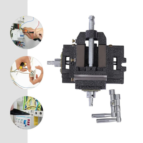 Heavy-Duty X-Y Compound Cross Slide Vise with Precision Scale, top view showing bi-directional control, clamp for drill press.