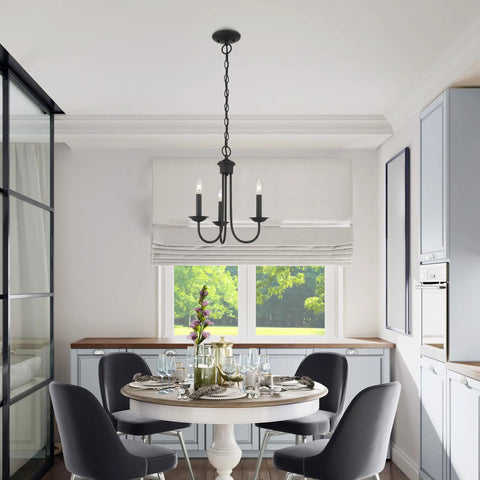 Dining area with Three Light Black Steel Chandelier For Home Decor With Classic Estate Style Vibe Vintage Inspired Ceiling Fixture.
