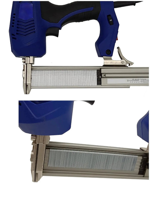 Close-up of nail gun loaded with 18 Gauge Staples And Brad Nails Kit In Galvanized Finish, Pro Grade Narrow Crown Staples.