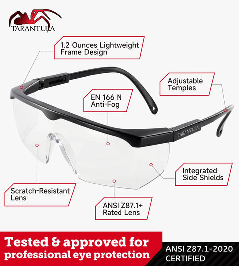 Anti-Fog Safety Glasses With Scratch-Resistant Wraparound Lenses, ANSI Z87.1 Plus Impact Rated, EN 166 N Certified, shown with features.