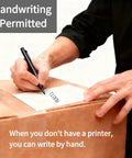 Person handwriting on a 4x6 direct thermal shipping label, showing handwriting permitted, use for mailing and packing.