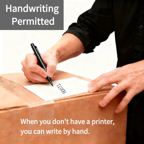 Person handwriting on a 4x6 direct thermal shipping label, showing handwriting permitted, use for mailing and packing.