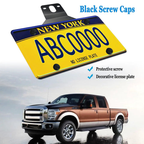 Beefed Up Heavy Duty Black Stainless Steel Trailer License Plate Bracket Holder Universal Light Mounting Kit for Trucks shown on vehicle