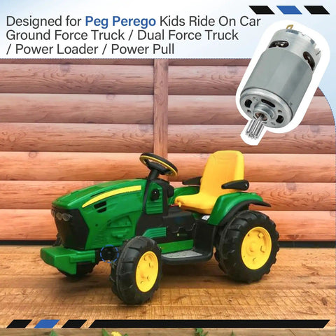 12V Gearbox Motor Replacement For Ride On Cars With 10 Tooth Pinion Installed next to green ride-on toy truck