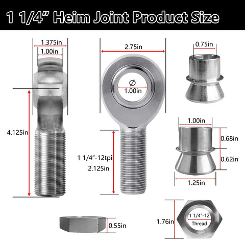 Heavy Duty One And A Quarter Chromoly Heim Joint Rod End Kit With Spacers, 12 TPI Threads, Two Pairs, Left And Right Hand Joints, High Misalignment Spacers From One Inch To Three Quarters Inch, Fits One Point Seven Five Inch OD Tubing With 0.120 Inch Wall. 1 1/4-inch chromoly heim joint with spacers and thread sizes shown